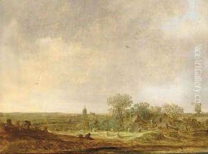 An Extensive Dune Landscape With Corn Stooks And A Mill And A Distant