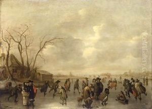 A Winter Landscape With Skaters, Figures Playing Kolf And A Boy On A Sleigh On A Frozen River, A Farmhouse To The Left by Adriaen Lievensz van der Poel