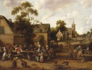 A Village Scene With Peasants Drinking And Smoking Around Tables by Joost Cornelisz. Droochsloot