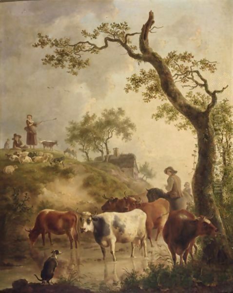 A Shepherd On A Horse And His Cattle Fording A Stream, With Shepherds And Their Flock On A Hill Nearby - view 1