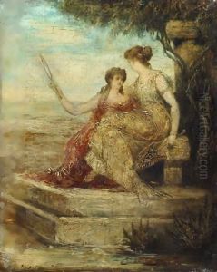 Two Young Women Holding A Mirror by Hans Makart