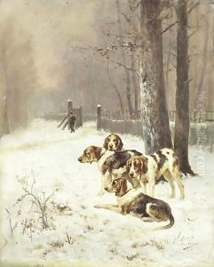 Chiens Dans La Foret De Fontainebleau by Charles Olivier De Penne