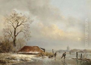 Skaters On A Frozen Waterway by Josephus Gerardus Hans