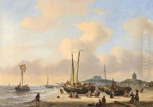 Fisherfolk On The Beach Near Seinpost Duin, The Hague by George Willem Opdenhoff