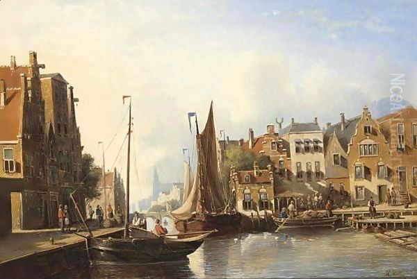 A Busy Canal In A Dutch Town - view 1