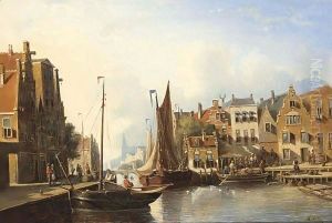A Busy Canal In A Dutch Town by Johannes Frederik Hulk, Snr.