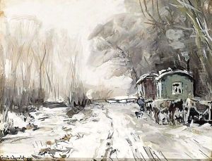 A Winter Landscape With Horses And Wagons Along A Road by Louis Apol