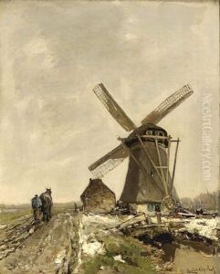 A Windmill In A Snowy Landscape by Louis Apol