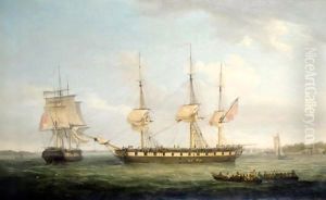 An East Indiaman In Two Positions Off The Indian Coast, The Broadside View Showing Her At Anchor Taking On Native Labourers, The Stern View Depicting Her Getting Under Way Under Reduced Sail
