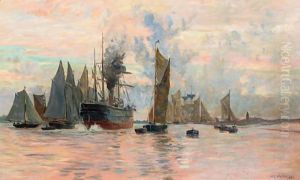 A Steam Ship And Other Shipping Leaving Harbour by William Lionel Wyllie