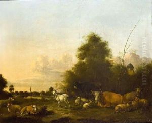 A Landscape With Cattle, Sheep And Goats In The Foreground, A Village Beyond