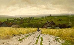 A Peasant Woman On A Path In An Extensive Hilly Landscape by Johannes Hermann Barend Koekkoek