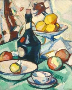Still Life With A Benedictine Bottle And Fruit by Samuel John Peploe