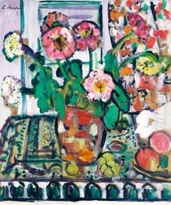 Still Life With Dahlias And Fruit by George Leslie Hunter