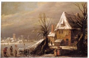 A Winter Landscape With Figures Playing Kolf And Skating On A Frozen River Before A House, A Church Beyond