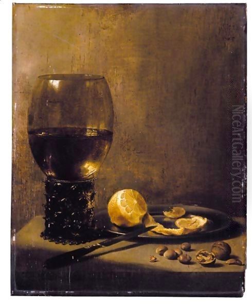 A Still Life With A Large Roemer, A Knife Resting On A Silver Plate Bearing A Partly-Peeled Lemon, Walnuts And Hazelnuts, On A Marble Ledge - view 1