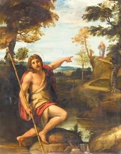 Saint John The Baptist In A Landscape Pointing At The Figure Of Christ by Annibale Carracci