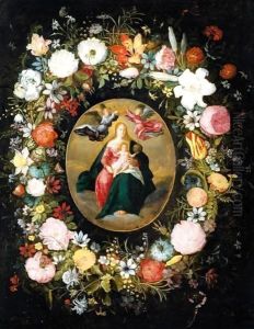 A Garland Of Flowers Surrounding The Coronation Of The Virgin by Jan Brueghel the Younger