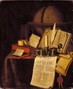 A Vanitas Still Life With An Ink-Well And Quill, A Candle, A Box Of Seals, Sealing Wax, Books And A Globe On A Draped Table
