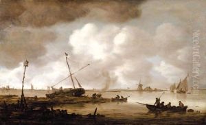 An Estuary Scene With A Fishing-Boat In The Foreground, And Figures Caulking A Small Dutch Vessel Beyond by Jan van Goyen