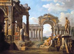 An Architectural Capriccio With A Philosopher And Soldiers Amongst Ancient Ruins