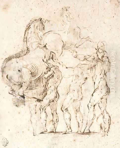 Sheet Of Studies Of Standing Figures And Two Rearing Horses - view 1