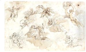 A Sheet Of Studies For A Ceiling Decoration With Hercules by Domenico Maria Canuti