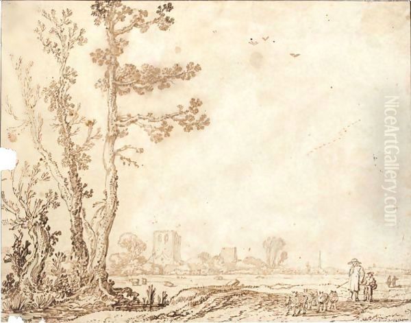 Landscape With Tall Trees To The Left, A Shepherd To The Right, And A Village Behind - view 1