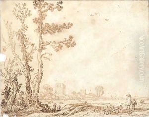 Landscape With Tall Trees To The Left, A Shepherd To The Right, And A Village Behind