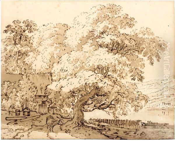 Farm Buildings Amongst Large Trees On A River Bank, With Hills Behind - view 1