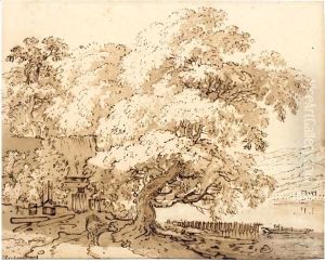 Farm Buildings Amongst Large Trees On A River Bank, With Hills Behind by Jan Hackaert