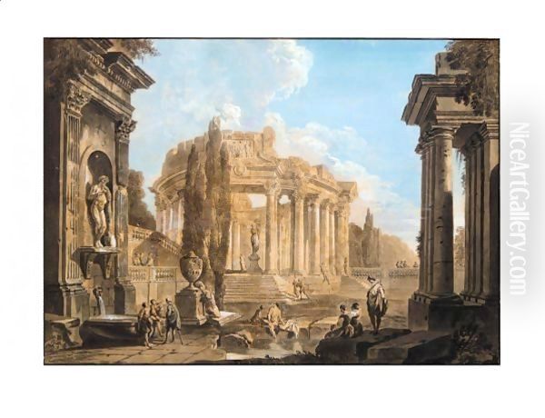 Architectural Landscape With Figures Amongst Classical Ruins - view 1