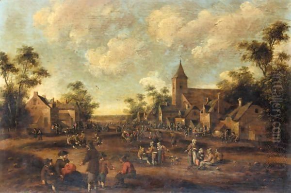 Village Scene With Crowds Of Figures Before A Church - view 1