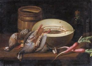 Still Life With A Melon, Radishes, Partridges , A Small Barrel And A Bottle Of Wine On A Wooden Table