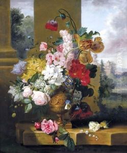 Still Life With Tulips, Roses And Lily Of The Valley With A Cabbage-White Butterfly In An Urn On A Marble Ledge