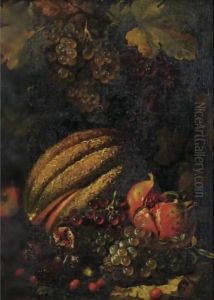 Still Life With Cantaloupe, Grapes, Figs And Pomegranate by Luca Forte
