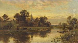 Landscape With Cattle Watering By A Stream by Alfred Glendening