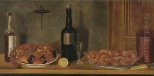 Still Life With A Bottle Of Cognac, Crabs And Prawns by William Aiken Walker