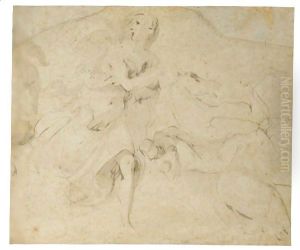 Schizzi Di Figure Donna Che Fugge Verso Destra E Figura A Cavallo