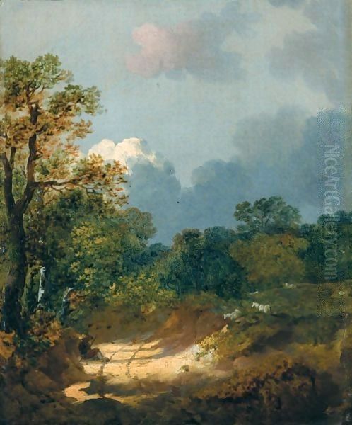 Wooded Landscape With Shepherd Resting By A Sunlit Track And Scattered Sheep - view 1