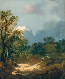 Wooded Landscape With Shepherd Resting By A Sunlit Track And Scattered Sheep by Thomas Gainsborough
