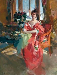 Portrait Of A Lady In A Red Dress by Konstantin Alexeievitch Korovin