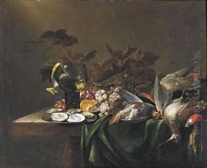 Still Life With Game Birds, A Plate Of Oysters, And Grapes All Resting On A Draped Table by Michiel Simons