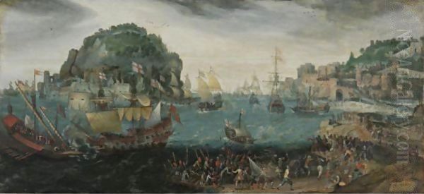 A Rocky Coastal Landscape With A Skirmish Between English Vessels And Galleys - view 1