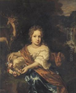 Portrait Of A Young Girl Holding A Garland Of Flowers by Nicolaes Maes