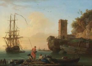 A Coastal Landscape At Dusk With Fishermen And Women In The Foreground, Sailors Disembarking From A Ship Beyond