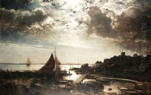 Moonlit Harbour Scene by Alfred Wahlberg