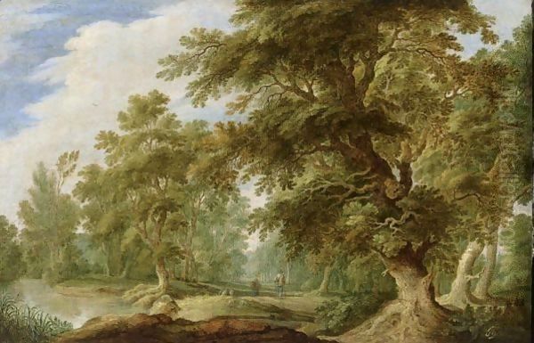A Wooded Landscape With A Stream And Shepherds With Their Flock On A Path - view 1