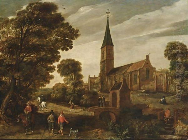A Wooded Landscape With Figures Near A Church And Two Monks Conversing On A Stone Bridge - view 1