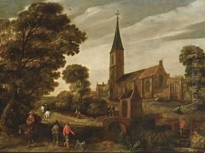 A Wooded Landscape With Figures Near A Church And Two Monks Conversing On A Stone Bridge